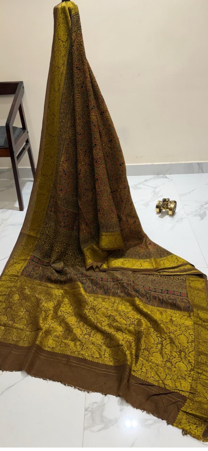 Pure Ajrakh Dola Silk Saree