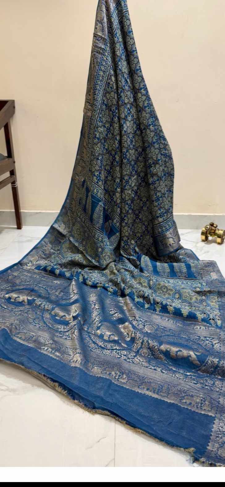 Pure Ajrakh Dola Silk Saree