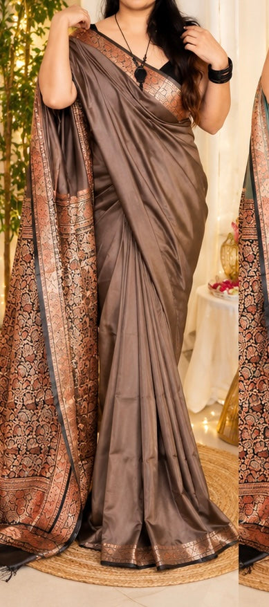 Elegant Light Brown Saree with Black floral Pallu