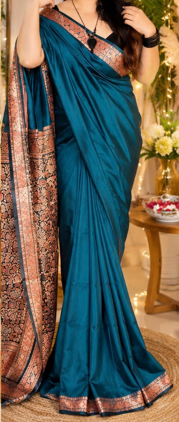 Elegant Teal Blue Silk Saree with Black floral Pallu