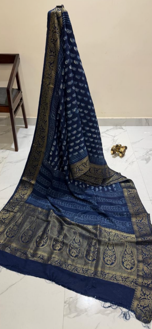 Pure Ajrakh Dola Silk Saree