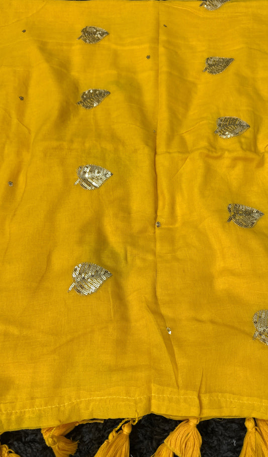 Mul Cotton Saree  - Leaf Sequence Embroidery