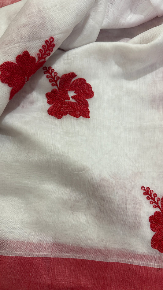 White Red Bengali Saree - Cotton Silk Mix