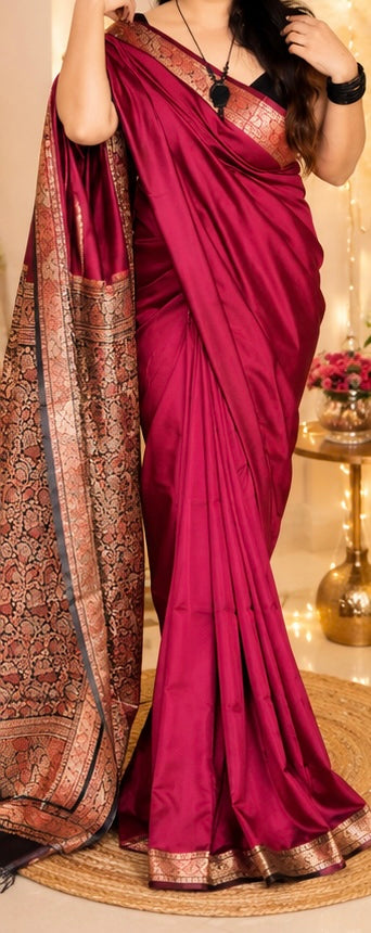 Elegant Maroon Silk Saree with Black floral Pallu