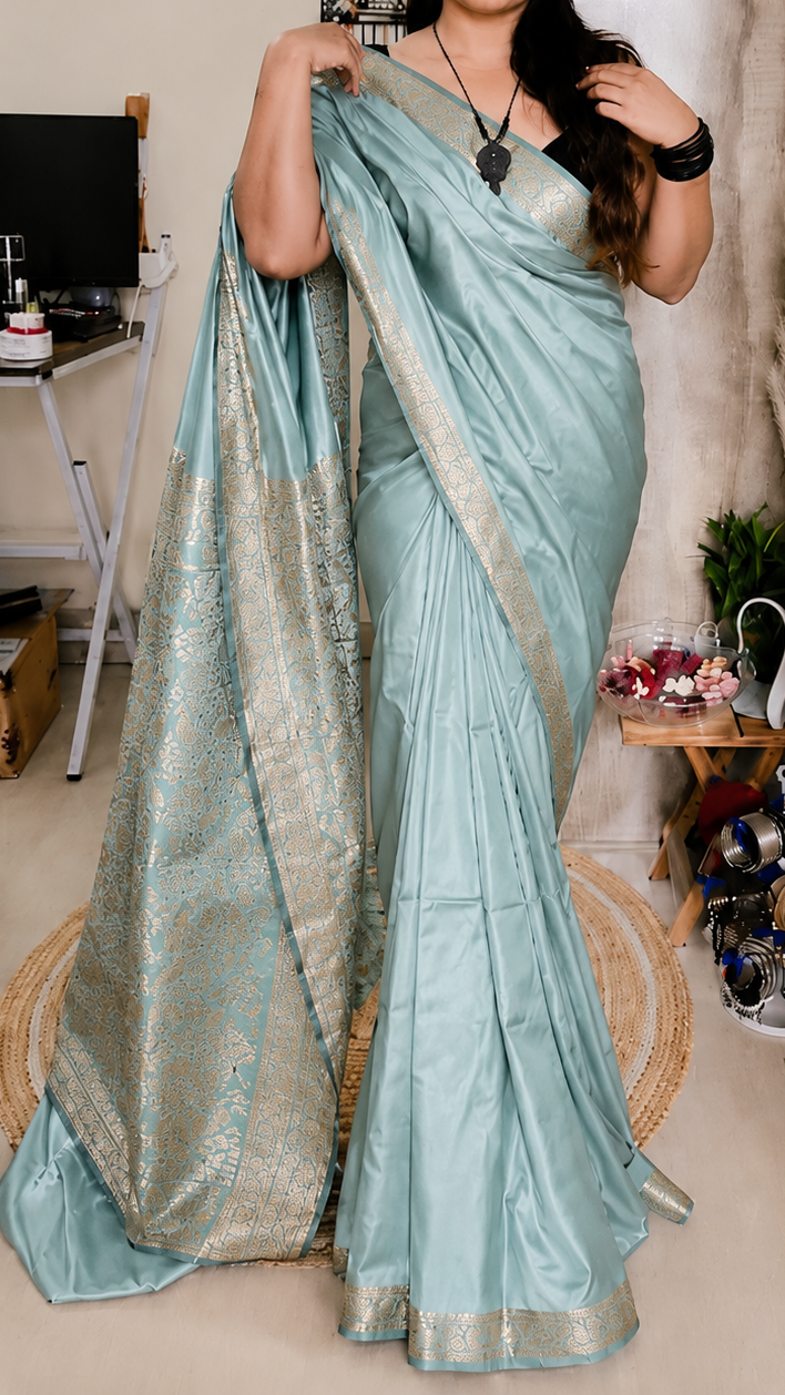 Elegant Light Teal Blue Silk Saree with floral Pallu