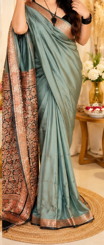 Elegant Light Sea Green Silk Saree with Black floral Pallu
