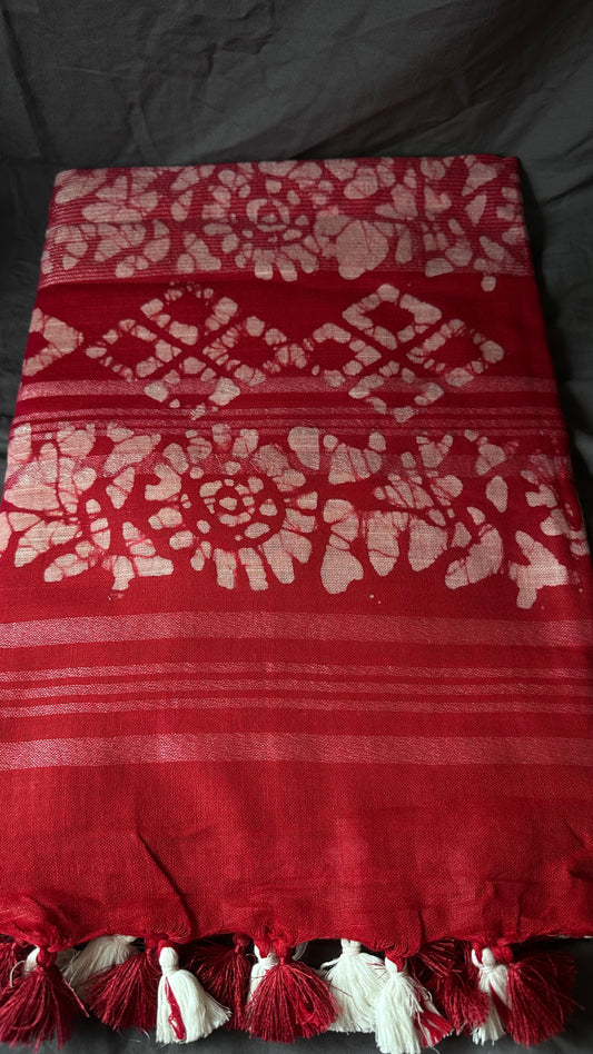 Sindoor Soil - Red - Linen Cotton Mix Saree