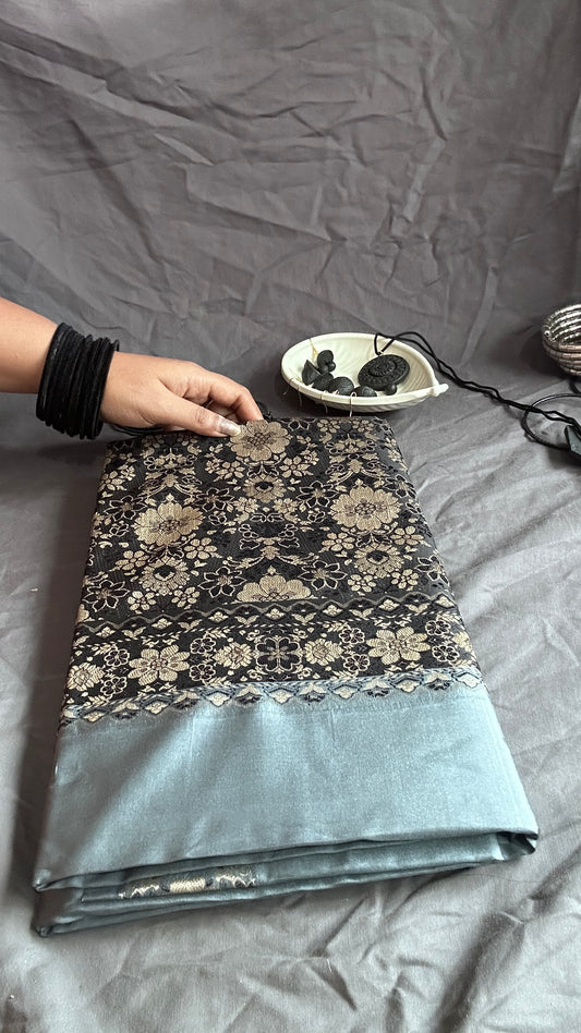 Elegant Midnight Bloom: Black and Gold Floral Saree with Blue-Grey Border