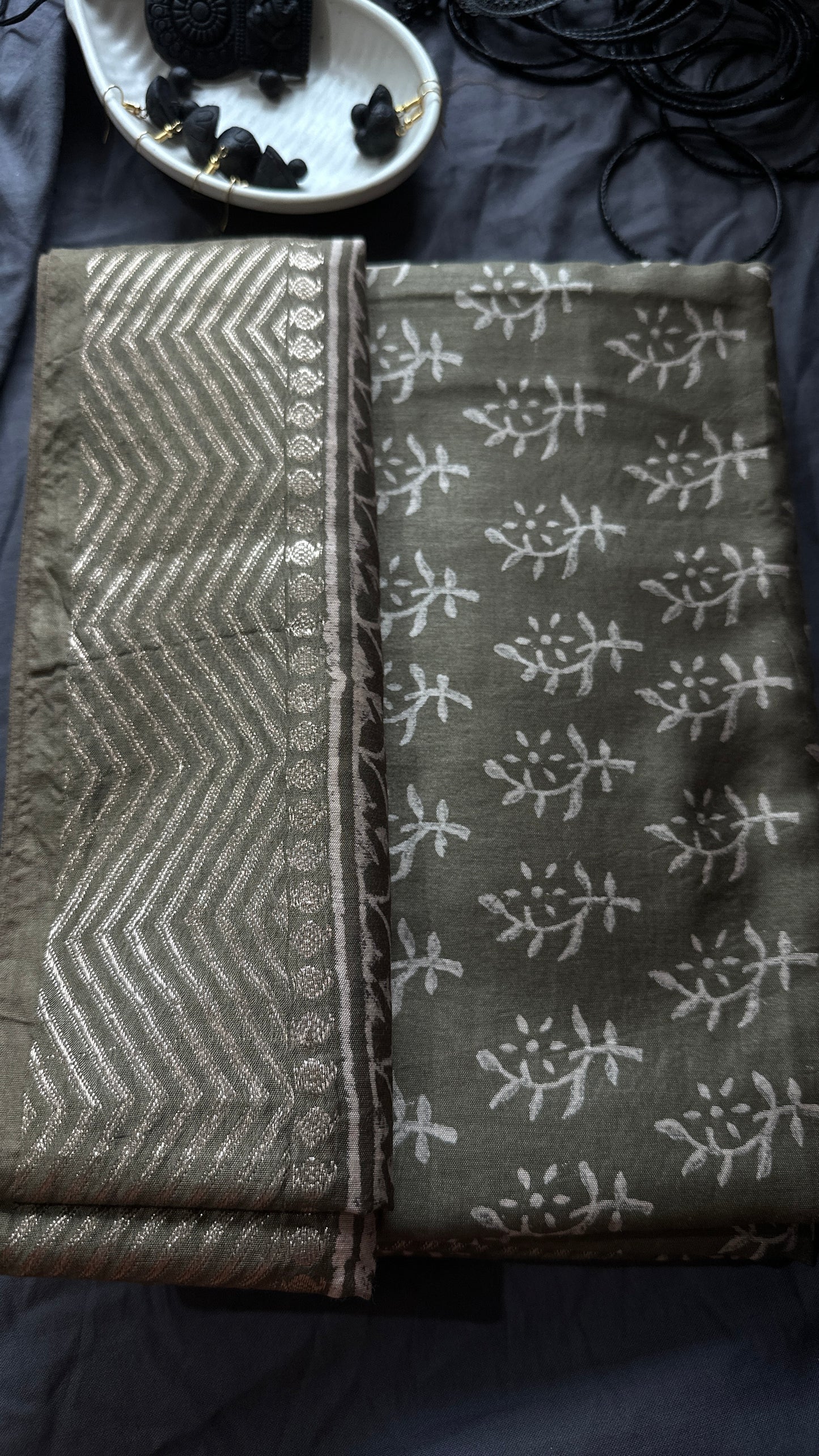 A: Olive Whisper Maheshwari Silk Saree