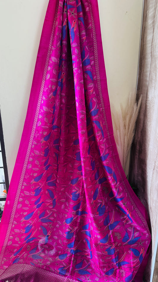 Khadi Silk Dupatta – Kantha Print —Hand Printed Edit